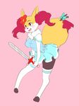  2018 4_fingers anthro black_fur blossom_tales blush braixen breasts clothing cosplay dipstick_tail fan_character fangs female flower flower_in_hair fur holding_object holding_weapon inner_ear_fluff legwear lily_(blossom_tales) mane melee_weapon multicolored_tail nintendo onirin open_mouth pigeon_toed plant pok&eacute;mon pok&eacute;mon_(species) red_eyes red_fur red_nose ribbons seraphine_(roflfox) shirt skirt solo stick sword thigh_highs video_games weapon white_fur yellow_fur 