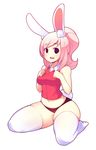  animal_ears black_eyes bunny_ears bunny_tail fiz_(fizintine) fizintine highres long_hair navel open_mouth original pink_hair ponytail seiza sitting solo tail thick_thighs thighs thong white_background 