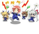  :&lt; ahoge aqua_eyes blonde_hair blue_ribbon blush_stickers bow chibi closed_eyes commentary_request cosplay einhart_stratos flower fuuka_reventon green_eyes green_ribbon hair_between_eyes hair_bow heterochromia highres jacket jumping leaf long_hair lyrical_nanoha multiple_girls no_nose nove_(nanoha) numbers_(nanoha) olimar pants pikmin_(creature) pikmin_(creature)_(cosplay) pikmin_(series) ponytail purple_eyes red_bow red_eyes red_hair ribbon san-pon sidelocks space_helmet track_jacket track_pants track_suit triangle_mouth twintails very_long_hair vivid_strike! vivio walking white_footwear 