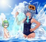  ahoge antennae b.d bikini blue_bow blue_eyes blue_hair blue_innertube bow cirno closed_mouth covered_navel day diving_mask diving_mask_on_eyes eyebrows_visible_through_hair flower graphite_(medium) hair_bow hair_flower hair_ornament hand_on_hip hand_up highres holding ice ice_wings innertube looking_at_another looking_at_viewer mechanical_pencil mouth_hold multiple_girls one-piece_swimsuit open_mouth outdoors pencil school_swimsuit short_hair snorkel standing sun sunflower_hair_ornament swimsuit tan tanned_cirno touhou traditional_media tupet upper_body water wet wings wriggle_nightbug 