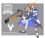  1girl armor armored_boots armored_dress armored_skirt black_gloves blue_eyes boots brown_hair closed_mouth commentary dress emblem english_commentary english_text fingerless_gloves gauntlets gloves grey_background gun hair_ribbon heterochromia holding holding_gun holding_weapon huge_weapon long_sleeves lyrical_nanoha mahou_shoujo_lyrical_nanoha_detonation medium_dress outside_border overskirt petag2 ribbon smile solo standing takamachi_nanoha twintails weapon white_dress white_footwear white_ribbon yellow_eyes 