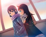  bag bookbag commentary_request fur_scarf hakka0320 hand_in_pocket jacket kuroki_tomoko long_hair multiple_girls parted_lips scarf school_uniform sunset tamura_yuri watashi_ga_motenai_no_wa_dou_kangaetemo_omaera_ga_warui! window 