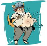  3_toes abstract_background alpha_channel anthro belly big_belly blue_eyes brown_hair canine clothed clothing corgi corgipale digital_drawing_(artwork) digital_media_(artwork) dog eating food fur hair hat male mammal overweight simple_background solo squidbiscuit standing tan_fur toes torn_clothing weight_gain 