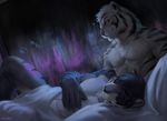  2018 anthro aolun_(character) bed black_stripes chunie clothed clothing digital_media_(artwork) duo eyes_closed feline fur hair head_on_lap hi_res inside lying male male/male mammal night on_bed on_lap saber-toothed_cat sitting sleeping smile stripes tiger topless under_covers white_tiger 