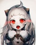  ahoge glowing glowing_eyes horns kajaneko kantai_collection long_hair looking_at_viewer mittens northern_ocean_hime open_mouth red_eyes shinkaisei-kan simple_background solo tongue tongue_out upper_body white_hair white_skin 