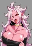  1girl android_21 black_sclera breasts cleavage dragon_ball dragon_ball_fighterz majin_(race) majin_android_21 messy_hair nipple_slip pants pink_skin red_eyes solo 