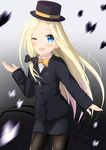  ;d abigail_williams_(fate/grand_order) alternate_costume animal bangs black_bow black_hat black_jacket black_legwear black_skirt blonde_hair blush bow bowtie bug butterfly collared_shirt commentary_request fate/grand_order fate_(series) formal hair_bow hat head_tilt highres insect jacket kogyokuapple long_hair long_sleeves looking_at_viewer motion_blur one_eye_closed open_mouth orange_neckwear pantyhose parted_bangs polka_dot polka_dot_bow shirt skirt skirt_suit sleeves_past_wrists smile solo suit very_long_hair white_shirt 