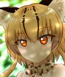  animal_ears blonde_hair bow bowtie commentary highres kemono_friends multicolored_hair ocelot_(kemono_friends) ocelot_ears orange_eyes shade shiraha_maru short_hair sleeveless smile 