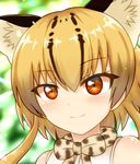  animal_ears blonde_hair bow bowtie commentary highres kemono_friends multicolored_hair ocelot_(kemono_friends) ocelot_ears orange_eyes shiraha_maru short_hair sleeveless smile 