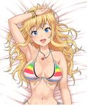  :d arm_up armpits bangle bangs bare_arms bare_shoulders bed_sheet bikini blonde_hair blue_eyes blue_shorts blush bracelet breasts cleavage close-up covered_nipples cropped dakimakura earrings eyebrows_visible_through_hair from_above front-tie_bikini front-tie_top hand_on_own_head highres idolmaster idolmaster_cinderella_girls jewelry large_breasts long_hair looking_at_viewer lying multicolored multicolored_bikini_top multicolored_clothes nail_polish navel necklace nigou on_back ootsuki_yui open_mouth pink_nails ribbon shorts side-tie_bikini smile solo stomach swimsuit wavy_hair white_ribbon 