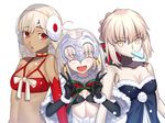  altera_(fate) altera_the_santa artoria_pendragon_(all) besmiled black_bra black_gloves bow bra breasts cleavage closed_eyes collarbone dark_skin double_v elbow_gloves eyebrows_visible_through_hair fate/grand_order fate_(series) food fur_trim girl_sandwich gloves hair_between_eyes hair_bow highres ice_cream jeanne_d'arc_(fate)_(all) jeanne_d'arc_alter_santa_lily locked_arms looking_at_viewer midriff mouth_hold multiple_girls navel open_mouth red_bra red_gloves saber_alter sandwiched santa_alter sidelocks silver_hair small_breasts smile stomach strapless striped striped_bow tied_hair underboob underwear upper_body v veil white_background wrist_cuffs yellow_eyes 