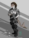  anthro armor chaptorcho clothed clothing female fish gun hair marine ranged_weapon rifle shark signature simple_background solo standing weapon 