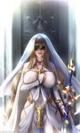  blindfold blonde_hair breasts bridal_gauntlets commentary dress goblin_slayer! habit jewelry large_breasts limgae long_hair navel open_mouth solo sword_maiden very_long_hair 