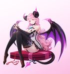  absurdres ass aura_kingdom bare_shoulders black_choker black_legwear breasts choker cookman demon_girl elbow_gloves fingerless_gloves gloves gradient highres horns large_breasts long_hair looking_at_viewer pink_background pink_hair red_eyes sitting succubus tail thighhighs valentine wings 