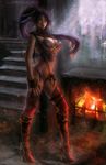  bikini bleach boots chromatic_aberration_abuse dark_skin fingerless_gloves fire fireplace full_body gloves ground hair_ornament high_heels highres indoors long_hair nail_polish ponytail purple_bikini purple_hair realistic rikamello shihouin_yoruichi solo stairs swimsuit very_long_hair yellow_eyes 