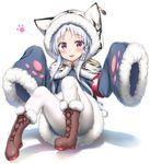  :3 :d absurdres animal_ears animal_hood animal_print armband azur_lane bangs blue_coat blush boots brown_footwear capelet chang_chun_(azur_lane) commentary_request cross-laced_footwear eyebrows_visible_through_hair full_body fur-trimmed_boots fur-trimmed_sleeves fur_trim hair_ornament highres hood hood_up hooded_capelet lace-up_boots long_hair long_sleeves looking_at_viewer nedia_(nedia_region) open_mouth pantyhose parted_bangs purple_eyes red_eyes sidelocks silver_hair sitting sleeves_past_fingers sleeves_past_wrists smile solo tiger_ears tiger_hood tiger_print very_long_hair white_background white_legwear wide_sleeves 