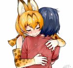  animal_ears blonde_hair blue_hair blush commentary crying dated happa_(cloverppd) happy_tears hug kaban_(kemono_friends) kemono_friends multiple_girls red_shirt serval_(kemono_friends) serval_ears serval_print shirt smile spoilers t-shirt tears 