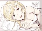  ahoge blonde_hair breasts cleavage commentary drooling green_eyes hair_down idolmaster idolmaster_cinderella_girls keikesu long_hair looking_at_viewer lying on_side pillow satou_shin sketch small_breasts strap_slip translated 