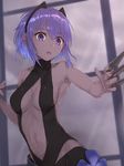  :o between_fingers black_hairband breasts center_opening commentary_request dark_skin fate/grand_order fate/prototype fate/prototype:_fragments_of_blue_and_silver fate_(series) flower hairband hassan_of_serenity_(fate) holding kunai looking_at_viewer medium_breasts navel purple_eyes purple_hair reuri_(tjux4555) short_hair solo weapon 