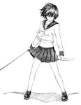  bad_id bad_pixiv_id full_body greyscale highres holding holding_sword holding_weapon katana midriff monochrome original pleated_skirt saya_(scabbard) scabbard school_uniform serafuku sheath short_hair skirt solo sword traditional_media tsuba_(guard) tuskryo weapon white_background 