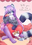  &lt;3 anthro blue_eyes bow_tie clothed clothing crossed_legs dotted_background english_text female hair hi_res holding_object inner_ear_fluff legwear long_hair looking_at_viewer mammal open_mouth open_smile pattern_background plushie procyonid purple_hair raccoon simple_background sitting smile solo stockings text thigh_highs translucent_hair voodoo_doll yuxare 