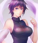  azu_(azzz) bangs bare_arms bare_shoulders black_hair blue_eyes breasts earrings eyebrows_visible_through_hair hagoromo houshin_engi jewelry large_breasts ou_kijin shawl short_hair sideboob simple_background smile solo upper_body 