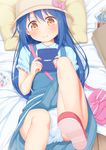  blue_hair blush bow bow_panties commentary_request dress eyebrows_visible_through_hair handheld_game_console hat hat_bow highres kotoha_(mitsuboshi_colors) long_hair lying mitsuboshi_colors nintendo_3ds panties pantyshot pantyshot_(lying) pillow playing_games short_sleeves smile solo tachimi_(basue) underwear white_panties yellow_eyes 