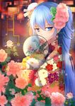  absurdres blue_eyes blue_hair eyebrows_visible_through_hair flower hair_flower hair_ornament hatsune_miku highres japanese_clothes kimono lens_flare long_hair looking_at_viewer menghuan_tian pink_flower smile solo twintails upper_body very_long_hair vocaloid 