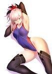  absurdres armpits arms_up black_legwear blue_eyes breasts competition_swimsuit covered_navel detached_sleeves dutch_angle eyebrows_visible_through_hair fate/grand_order fate_(series) hair_between_eyes hair_ornament highleg highleg_swimsuit highres large_breasts leg_up miyamoto_musashi_(fate/grand_order) one-piece_swimsuit parted_lips pink_hair ponytail simple_background solo swimsuit thighhighs ulrich_(tagaragakuin) white_background 