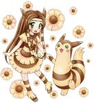  :d animal_ears brown brown_dress brown_hair chikorita85 dress eyelashes facial_mark fake_animal_ears floral_background full_body furret gen_2_pokemon green_hair holding_hands long_hair moemon open_mouth personification pokemon pokemon_(creature) pokemon_ears shoes smile socks straight_hair transparent_background 