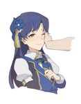  blue_hair bow bowtie brown_eyes closed_mouth crying crying_with_eyes_open flower hair_flower hair_ornament idolmaster idolmaster_(classic) kisaragi_chihaya nanaseki7 one_eye_closed puffy_short_sleeves puffy_sleeves short_sleeves simple_background smile solo_focus tears upper_body white_background 