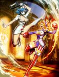  2girls blonde_hair blue_hair boxing_gloves breasts capcom cleavage cleavage_cutout genzoman justice_gakuen lab_zero_games large_breasts leotard multiple_girls nurse red_eyes revealing_clothes skullgirls tiffany_lords valentine_(skullgirls) 