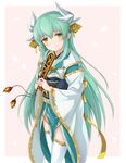  blush eyebrows_visible_through_hair fate/grand_order fate_(series) green_hair hair_between_eyes head_tilt highres holding horns japanese_clothes kimono kiyohime_(fate/grand_order) long_hair looking_at_viewer obi sash smile solo standing thighhighs very_long_hair white_legwear yellow_eyes yoriha_yashiro 