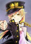  absurdres blonde_hair chain commentary cosplay fang fang_out hat highres jojo_no_kimyou_na_bouken kuujou_joutarou kuujou_joutarou_(cosplay) long_hair monogatari_(series) oshino_shinobu pirohiponotic pointing pointing_at_viewer solo upper_body yellow_eyes 