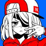 baseball_cap blue_background eyepatch gloves greyscale hat looking_at_viewer mask monochrome nyanafk original red_hoodie solo swag upper_body 