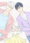  2boys ^_^ black_hair blue-framed_eyewear boy_sandwich braid cardigan closed_eyes cover cover_page doujin_cover dress family glasses hair_ribbon heart-shaped_mouth if_they_mated katsuki_yuuri lying multiple_boys on_back open_mouth ribbon sandwiched silver_hair smile tamika viktor_nikiforov yaoi yuri!!!_on_ice 
