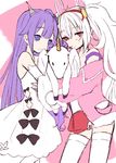  abe_suke ahoge azur_lane bangs closed_mouth elbow_gloves eyebrows_visible_through_hair gloves hair_between_eyes hair_flaps highres holding holding_stuffed_animal laffey_(azur_lane) looking_at_viewer multiple_girls purple_eyes purple_hair red_eyes strap_slip stuffed_alicorn stuffed_animal stuffed_toy thighhighs twintails unicorn_(azur_lane) white_gloves white_hair white_legwear zettai_ryouiki 