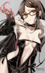  1girl artist_name bare_shoulders black-framed_eyewear breasts brown_eyes brown_hair choker consort_yu_(fate) cowboy_shot earrings fate/grand_order fate_(series) fur_trim glasses grey_background hand_up jewelry long_hair multiple_earrings navel revealing_clothes ribbon-trimmed_clothes ribbon_trim sidelocks simple_background small_breasts solo tyone 