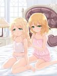  :o barefoot blonde_hair bloomers blush breasts eyebrows_visible_through_hair green_eyes hair_brush hair_brushing hair_down hairdressing highres idolmaster idolmaster_cinderella_girls long_hair multiple_girls on_bed panties sakurai_momoka short_hair sitting small_breasts smile tank_top u2_(5798239) underwear wariza wavy_hair white_panties yusa_kozue 