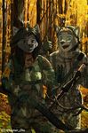  anthro beanie canine chaptorcho clothed clothing duo female forest gun hat male mammal open_mouth outside ranged_weapon rifle smile standing text tree weapon 