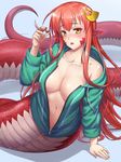  blush breasts collarbone commentary commission drawstring eyebrows_visible_through_hair hair_ornament hair_twirling hairclip jewelry lamia large_breasts looking_at_viewer maritan_(pixelmaritan) miia_(monster_musume) monster_girl monster_musume_no_iru_nichijou navel no_bra off_shoulder open_mouth partially_unzipped pointy_ears red_hair ring scales solo wedding_band yellow_eyes 