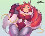  2017 antlers arm_guards arm_up armor artist_name blue_eyes breasts cleavage commentary covered_navel curvy dragon_girl dragon_tail fur gauntlets green_background grey_legwear highres jun_(lunar_regalia) large_breasts lips looking_at_viewer lunar_regalia making_of norasuko parted_lips pelvic_curtain red_hair red_rope ribbon rope short_hair signature solo tail tail_hug thick_eyebrows thick_thighs thighs underbust vambraces wide_hips yellow_ribbon 