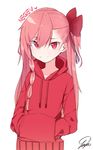 alternate_costume artist_name bow braid character_name collarbone cowboy_shot eyebrows_visible_through_hair girls_frontline hair_between_eyes hair_bow hands_in_pockets heart highres hood hood_down hoodie long_hair looking_at_viewer negev_(girls_frontline) one_side_up pink_hair red_bow red_eyes signature simple_background single_braid smile solo tosyeo white_background 