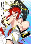  bad_id bad_pixiv_id black_hair blue_eyes blush breasts detached_sleeves hair_ornament hairpin large_breasts long_hair marugoshi_teppei multicolored_hair nanbu_kaguya nipples one_eye_closed ponytail red_hair solo super_robot_wars super_robot_wars_og_saga_mugen_no_frontier two-tone_hair wardrobe_malfunction wince 