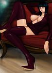  arm_behind_head bangs black_hair blue_eyes blunt_bangs boots breasts breasts_outside couch crossed_legs dress from_side grin half-closed_eyes high_heel_boots high_heels indoors knee_up komii large_breasts long_sleeves looking_to_the_side nico_robin nipples no_bra one_piece open_clothes open_dress purple_footwear purple_legwear reclining revision short_dress short_hair smile solo stiletto_heels thigh_boots thighhighs zettai_ryouiki 