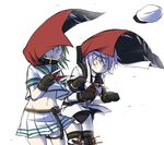  &gt;_&lt; belt beret cape commentary cowboy_shot gloves green_hair hat hat_removed headband headwear_removed kantai_collection kiso_(kantai_collection) multiple_girls navel neckerchief pink_hair pleated_skirt protected_link remodel_(kantai_collection) sailor_collar short_hair skirt sorata_(sorairo_honpo) stomach tama_(kantai_collection) thighhighs white_background wind 