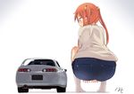  1girl ass blue_eyes car feet from_behind giantess noneto orange_hair original profile shorts signature simple_background squatting twintails white_background 