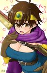  arioarimura belt breasts brown_eyes brown_gloves brown_hair circlet cleavage commentary_request covered_nipples dragon_quest dragon_quest_iii dress elbow_gloves gloves large_breasts looking_at_viewer roto short_hair solo 