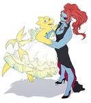 2015 alphys anthro blue_skin blush breasts carrying cleavage clothed clothing dress duo eye_patch eyewear female fish glasses grin hair hi_res kkhoppang long_hair looking_at_viewer marine red_hair reptile scalie scar smile undertale undyne video_games yellow_skin 