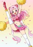  :d arm_up back_bow bow cure_yell gradient gradient_background hugtto!_precure leg_up long_hair looking_at_viewer magical_girl midriff navel nekono_rin nono_hana open_mouth petals pink_eyes pink_hair pink_skirt pom_poms precure skirt smile solo standing standing_on_one_leg thighhighs white_legwear 